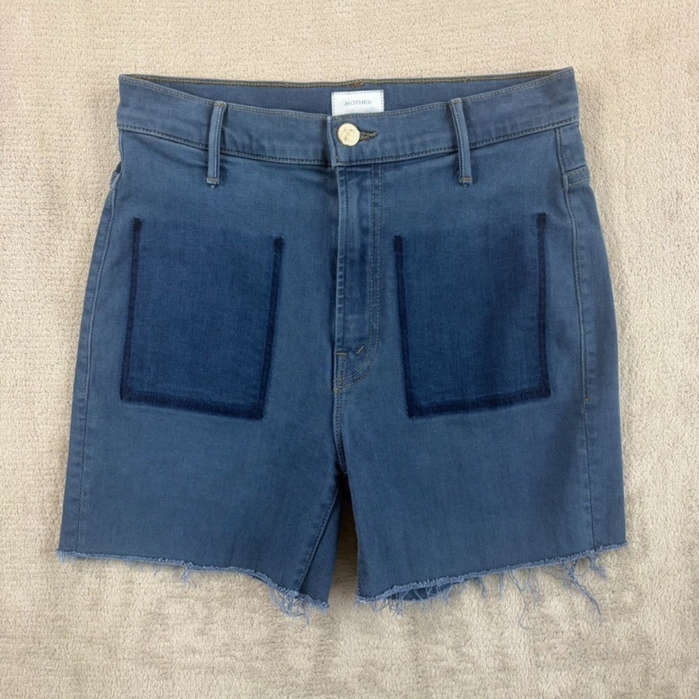 MOTHER Jeans Frayed Hem Shorts in Blue Women 26 Stretch Designer Made in USA